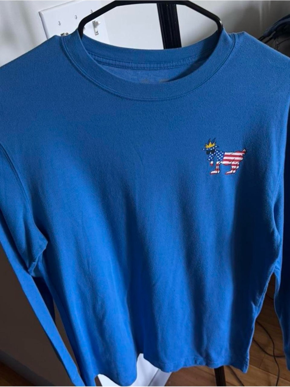 Men's Long-Sleeve Crewneck Tee in Bold Blue with Patriotic Dog Graphic